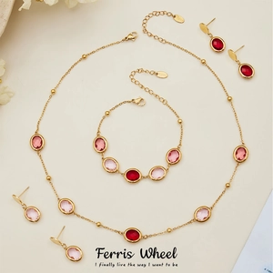 Collana Bracciale Orecchini a Bottone in Acciaio Inossidabile Geometrico Zirconia Pietra di Vetro Gioielli Vintage per Donna