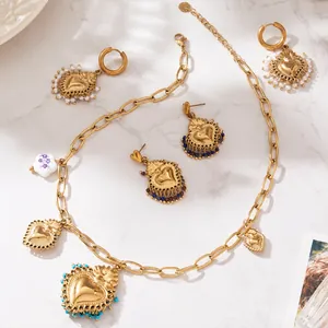 Gioielli Sacro Cuore in Acciaio Inossidabile Vintage da Donna Collana Orecchini Placcati Oro Perla Artificiale Pietra Naturale