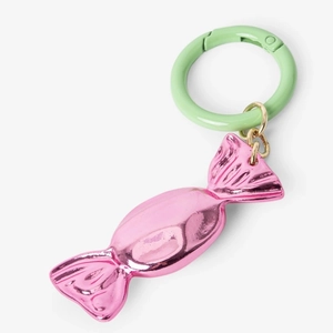 Pink electroplated candy-shaped keychain charm with a bright green spring ring buckle