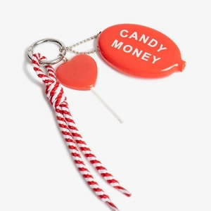 Detail of red Candy Money coin pouch with heart lollipop charm and woven strap