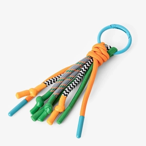 Close-up of colorful braided rope keychain with blue carabiner and durable plastic ends