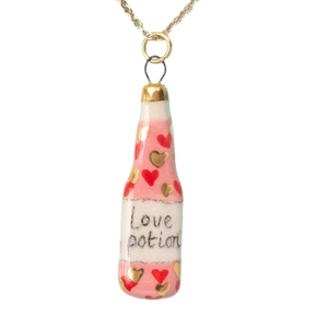 Handcrafted mermaid style love potion bottle pendant necklace with gold metal chain link