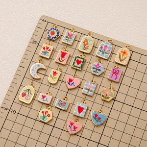 Enamel floral pendants for DIY necklaces in 18k gold plated stainless steel square frames