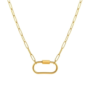 18k gold plated stainless steel paperclip chain necklace with oval carabiner lock pendant