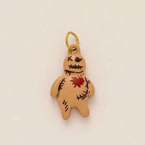Brown Voodoo Doll charm with red heart detail and golden metal ring for DIY jewelry