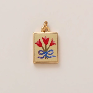 Rectangular 18k gold tulip floral pendant necklace accessory with blue ribbon and red tulips
