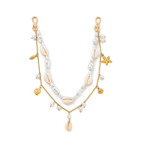 Elegant ocean themed bag charm with pearls shells and starfish on golden chain