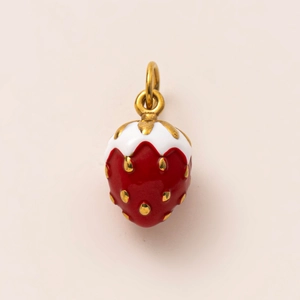 Detailed view of a red strawberry pendant with gold plating for DIY jewelry making