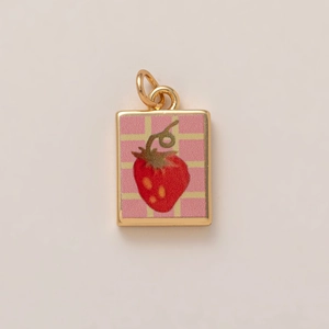 18k gold plated titanium square pendant featuring a cute red strawberry pattern