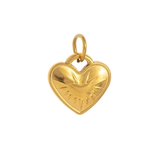 Macro shot of 18k gold plated heart pendant with textured sunburst pattern and top loop