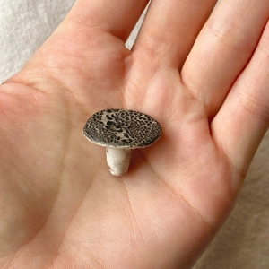 Nahaufnahme eines winzigen Pilzanhängers mit brauner Kappe, zur Größe in der Hand