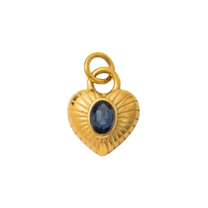 Gold-plated heart pendant with radial texture and a deep blue oval gemstone in the center
