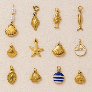 Retro Stainless Steel Ocean Series Pendant Necklace Shell Starfish Fish Enamel Artificial Pearl 18K Gold Plated Jewelry For Women