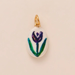 Exquisite oval ceramic pendant with purple tulip pattern and gold-plated metal loop