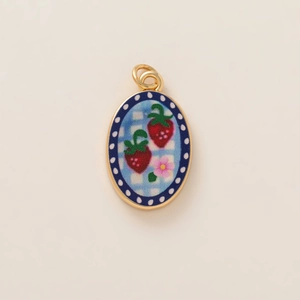 Chic oval pendant with strawberry pattern and blue checkered enamel on gold frame