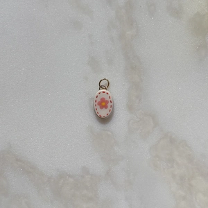 Colorful floral stainless steel oval pendant with pink flower and gold ring charm
