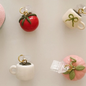 Minimalist mini food charms including tomato and coffee cup with 18K gold plated rings