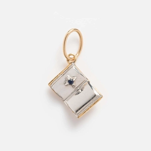 Macro shot of book-shaped pendant with blue stone and gold-silver bicolor finish