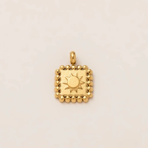 Square 18K gold plated stainless steel sun pendant with beaded edge and vintage finish