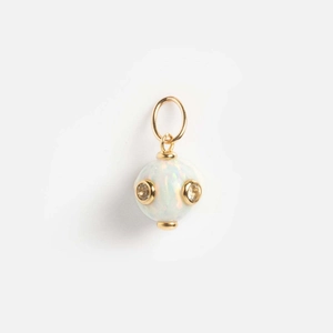 Detailed view of spherical opal pendant with yellow gemstones in 14k gold setting