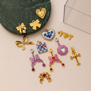 Vintage Stainless Steel Bow Heart Pendant Necklace 18K Gold Plated Enamel Cross Angel DIY Jewelry For Women Necklace Bracelet Findings