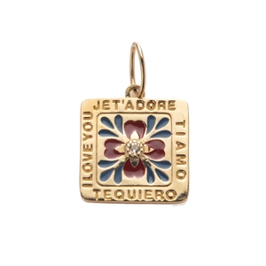 14k gold square pendant with enamel flower, zircon inlay and 'I Love You' engravings