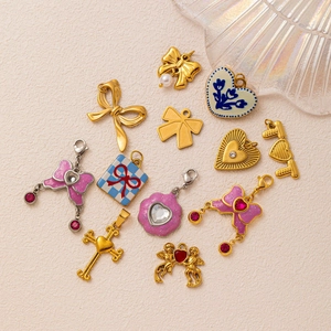 Golden bow heart and angel key charms for DIY jewelry with pink enamel and pearls