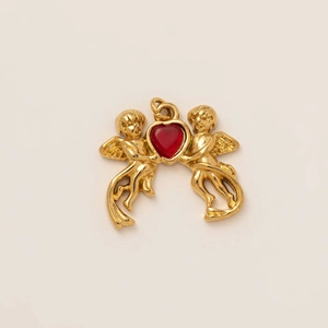 Golden cupid angels pendant with red heart center and vintage textured wings