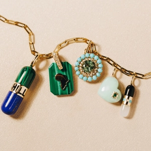 Gold paperclip chain necklace with colorful pill, heart and emerald pendants for DIY fashion