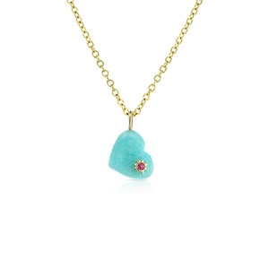 Detail of heart amazonite pendant with pink starburst gemstone and gold chain