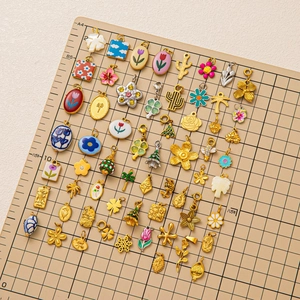 18K gold-plated stainless steel floral and cactus pendants with colorful enamel details