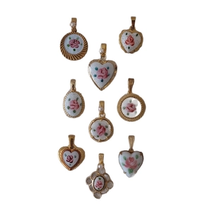 14K gold plated rose flower charms in heart and round shapes with enamel detailing
