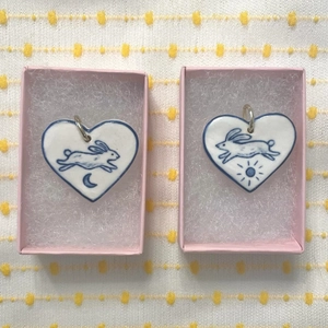 Handmade heart-shaped ceramic rabbit pendants in 18K gold finish with pink gift boxes