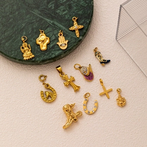 18K gold plated stainless steel charms including boot, horseshoe, and religious symbols
