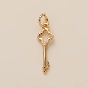 Vue détaillée d'un pendentif clé doré avec motif trèfle et finition métallique polie