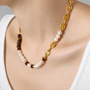 Tigerauge und Süßwasserperlen-Halskette mit goldener Kaffeebohnen-Kette für Damen