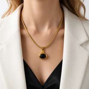 Vintage oval black stone pendant on gold snake chain necklace for women