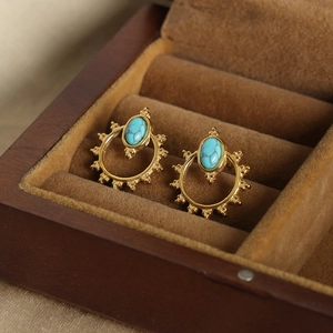 French Vintage Titanium Steel 18K Gold Plated Sun Motif Turquoise Stud Earrings Bohemian Geometric Natural Stone Jewelry For Women
