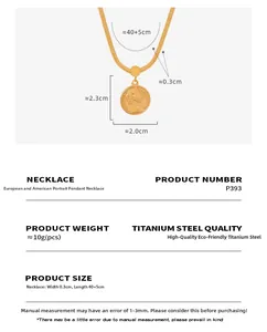 Macro shot of gold portrait coin pendant showing detailed dimensions and chain width