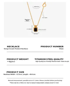 Detailed view of gold plated titanium steel necklace with black acrylic square pendant