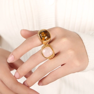 Vintage Titanium Steel Ring For Women Woven Texture Inlaid Natural Tiger Eye Rose Quartz Geometric Statement Finger Ring