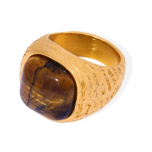 British style gold titanium steel ring with woven texture and square tiger eye stone