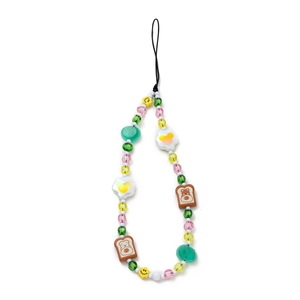 Detail of colorful beaded phone strap with pink heart, smiley flower and bear toast charms