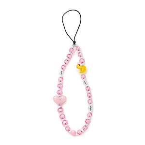 Detail of beaded phone strap featuring pink heart pendant and small yellow duck charm