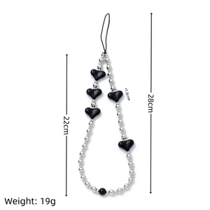 Minimalist black heart and silver bead phone strap for CCD cameras and bags 28cm