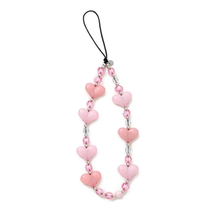 Pink heart-shaped beaded phone charm strap with frosted acrylic beads and metal accents