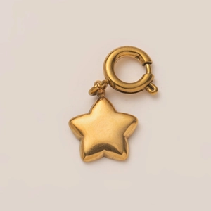 Detalle de un colgante de estrella dorada con cierre de resorte sobre fondo beige
