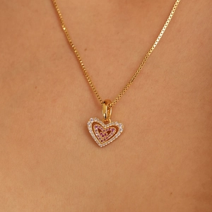 Elegant 18K gold plated triple layered heart pendant necklace with pink and white crystals