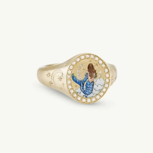 Golden mermaid seal ring with blue fishtail, white pearls, and celestial carvings