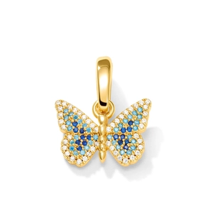 Macro shot of gold butterfly pendant with blue pavé crystals and polished bail